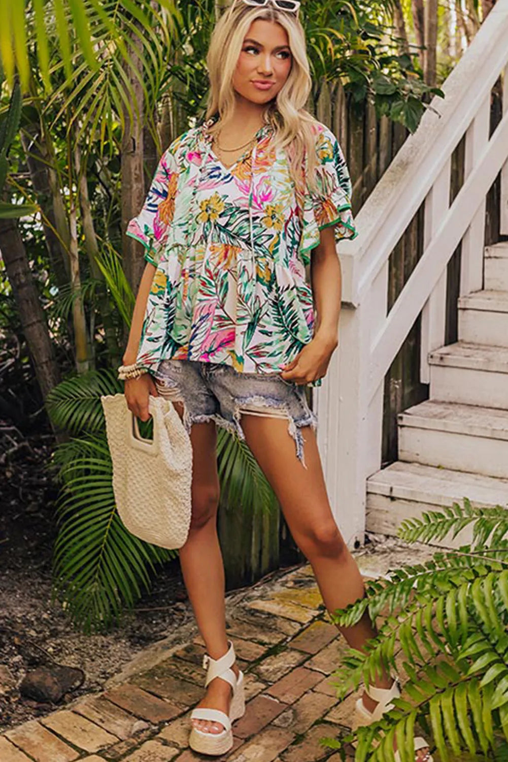 White Tropical Floral Print Ruffled Short Sleeve Blouse - Chic Meadow Boutique 