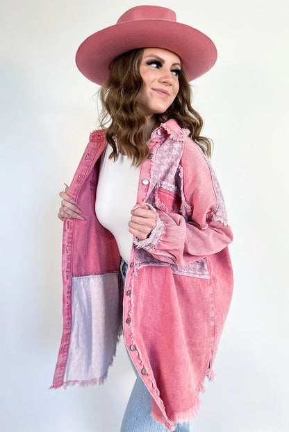 Pink Retro Distressed Houndstooth Patchwork Denim Jacket - Chic Meadow Boutique 