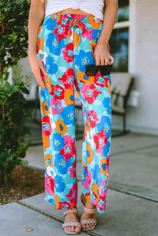 Bottoms/Pants & Culotte Multicolor / S / 100%Polyester Multicolor Abstract Floral Print Drawstring Wide Waistband Pants