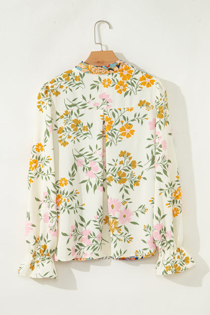 Sky Blue Floral Print Ruffled Long Sleeve Crochet Trim V Neck Blouse