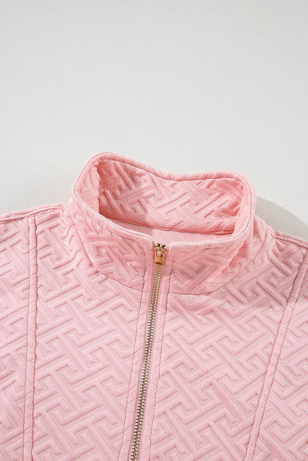 Light Pink Solid Textured Half Zipper Collared Sweatshirt - Chic Meadow Boutique 