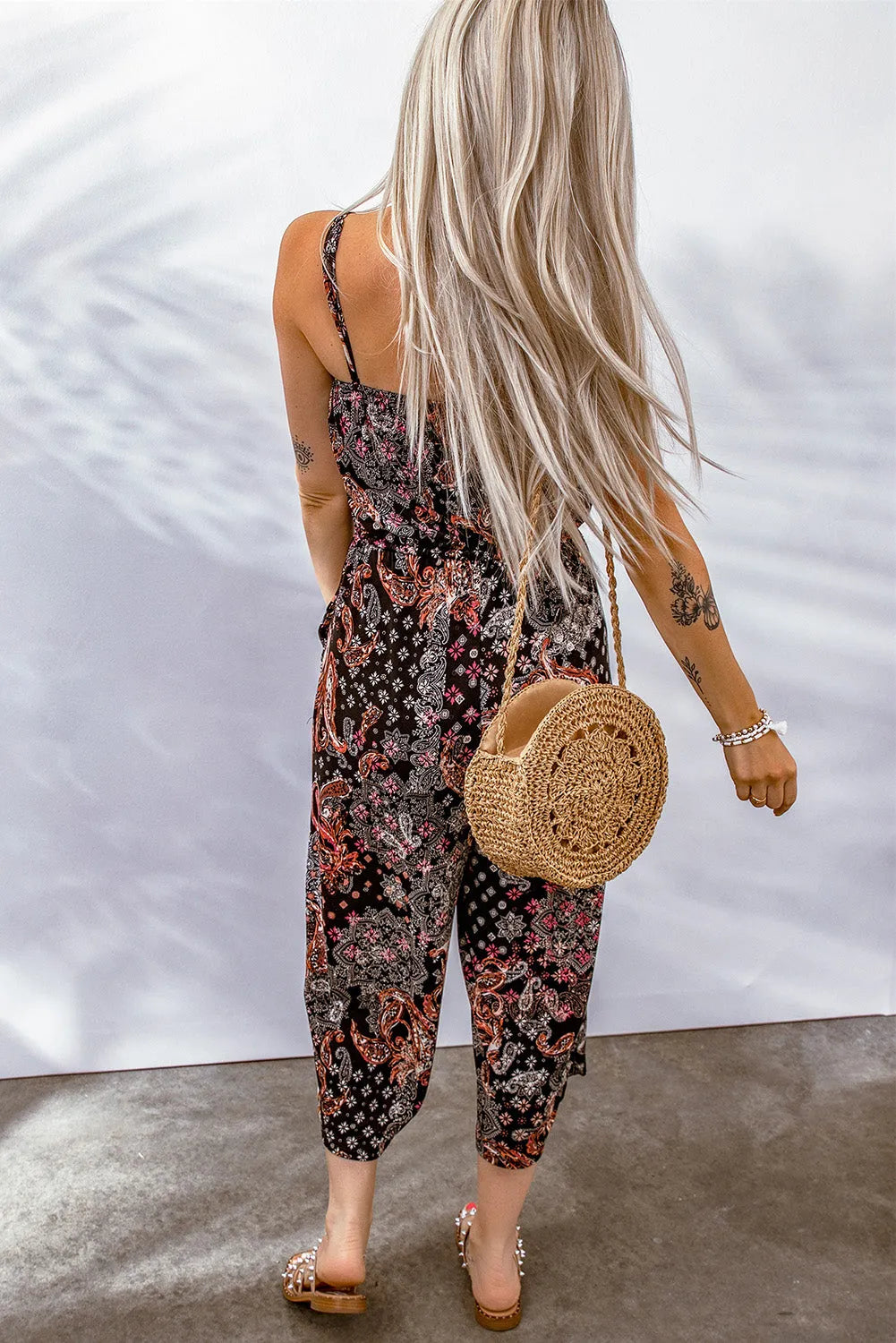 Black Mixed Paisley Print Cropped Jumpsuit - Chic Meadow Boutique 