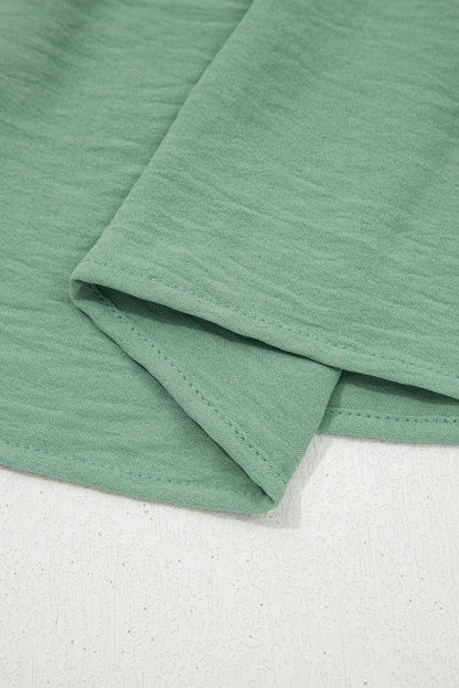 Smoke Green Color Block Patchwork V Neck Embroidered Puff Sleeve Babydoll Blouse