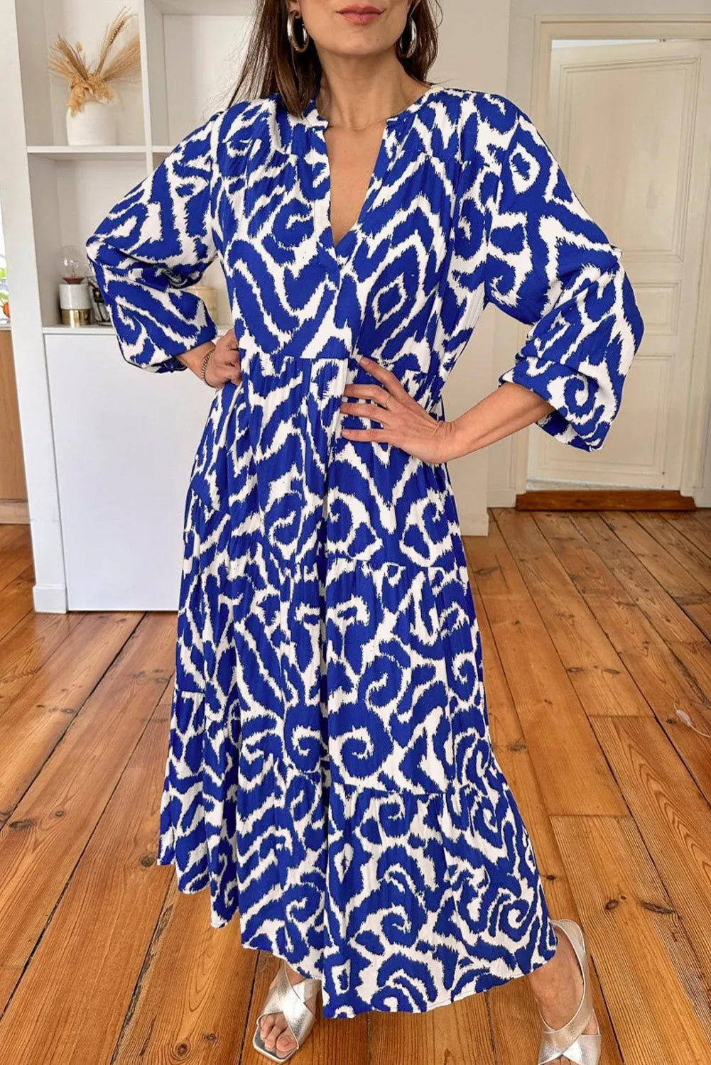 Blue Western Abstract Geometric Printed Maxi Dress - Chic Meadow Boutique 