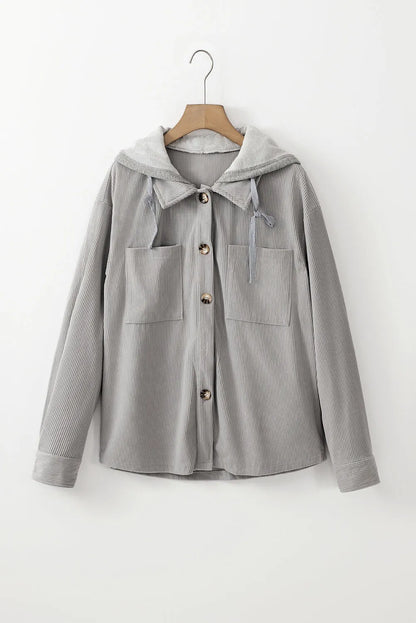 Outerwear/Jackets Light Grey Hooded Drawstring Pockets Corduroy Shacket