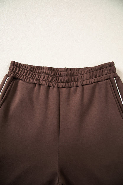 Coffee Sporty Piping Trim Mock Neck Pullover Relaxed 2pcs Pant Set