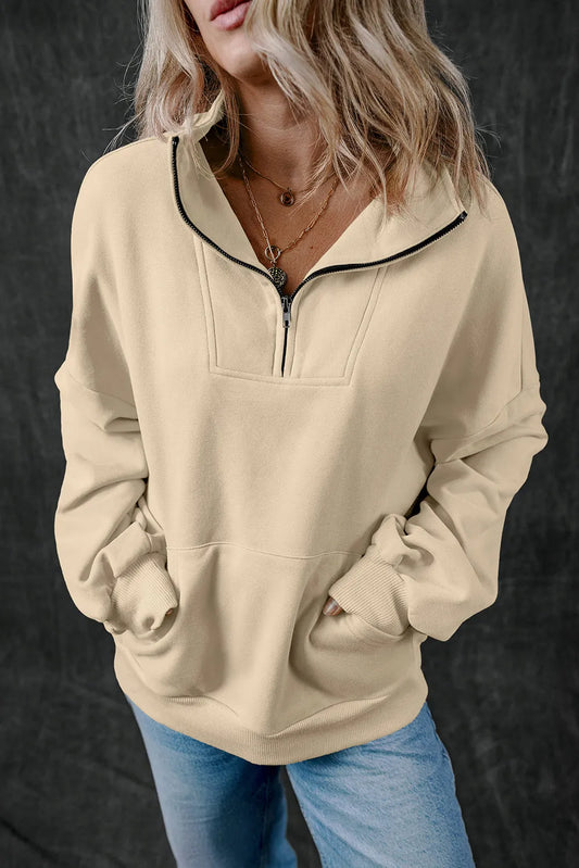 Smoke Gray Zip-up Stand Neck Kangaroo Pocket Sweatshirt - Chic Meadow Boutique 