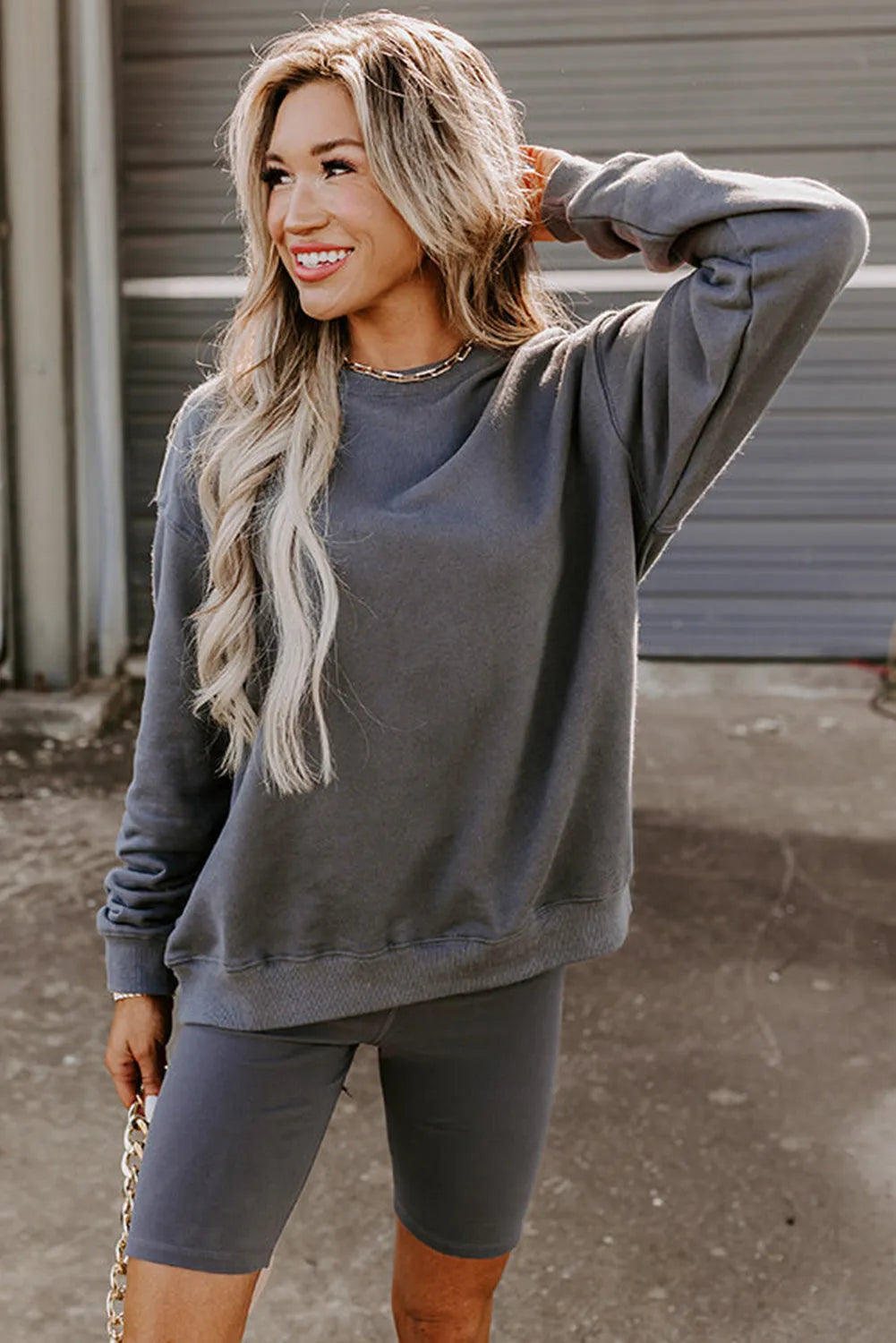 Dark Grey Solid Color Pullover and Skinny Shorts Two Piece Set - Chic Meadow Boutique 