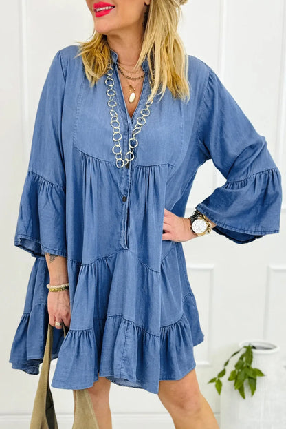 Sky Blue Chambray Ruffled 3/4 Sleeve Tiered Split V Neck Mini Dress - Chic Meadow Boutique 