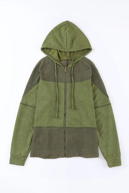 Green Waffle Patchwork Vintage Washed Hooded Jacket - Chic Meadow Boutique 