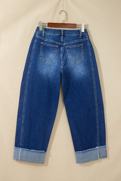 Sail Blue Raw Hem Turnup Loose Ankle-length Jeans