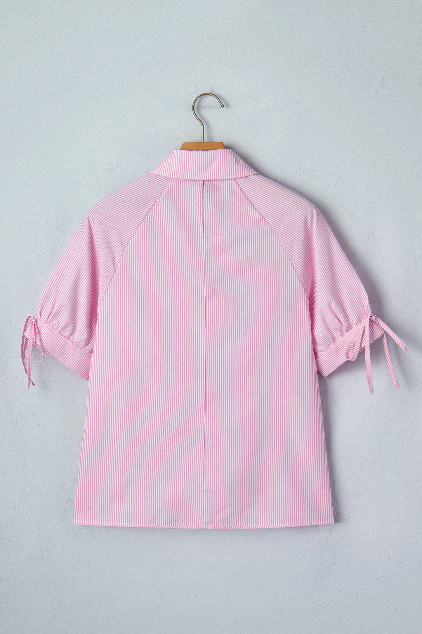 Pink Striped Print Collared Split Neck Half Sleeve Blouse