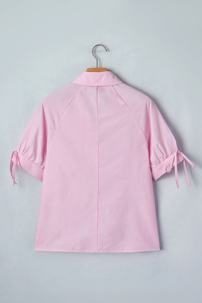 Pink Striped Print Collared Split Neck Half Sleeve Blouse