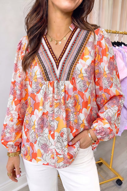Pink Floral Print V Neck Long Sleeve Shift Blouse