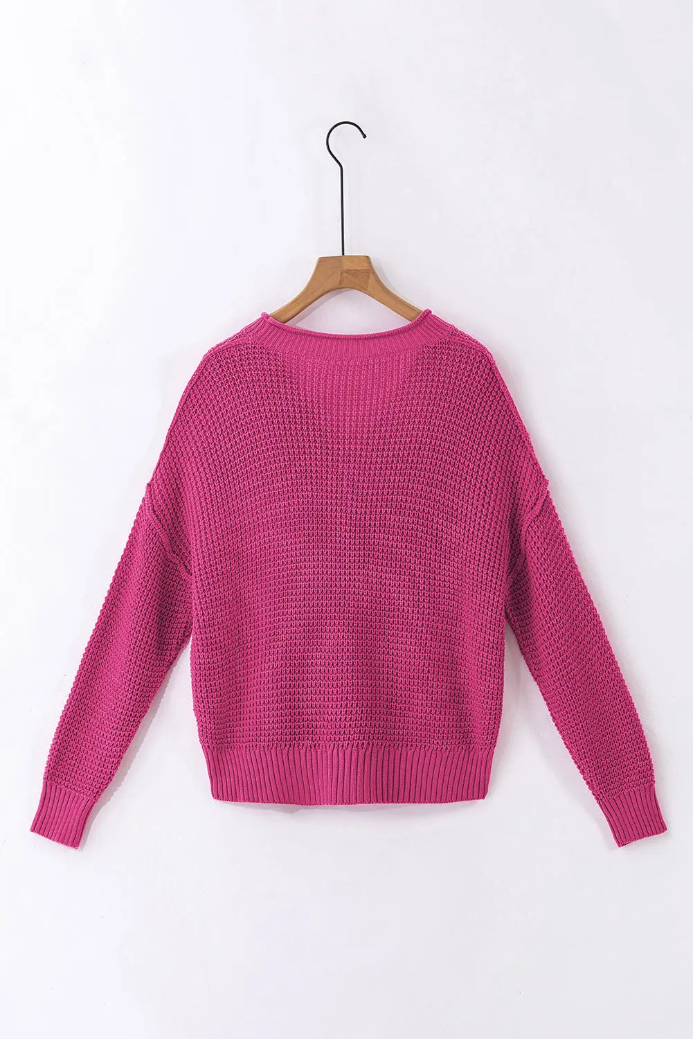 Rose Red Pointelle Knit Button V Neck Drop Shoulder Sweater - Chic Meadow Boutique 