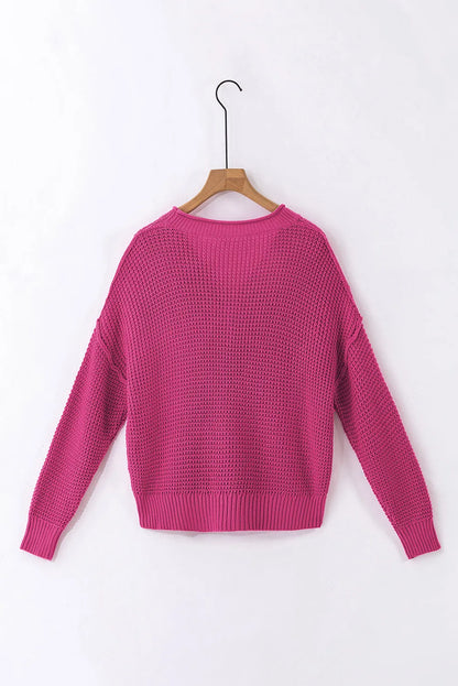 Rose Red Pointelle Knit Button V Neck Drop Shoulder Sweater - Chic Meadow Boutique 