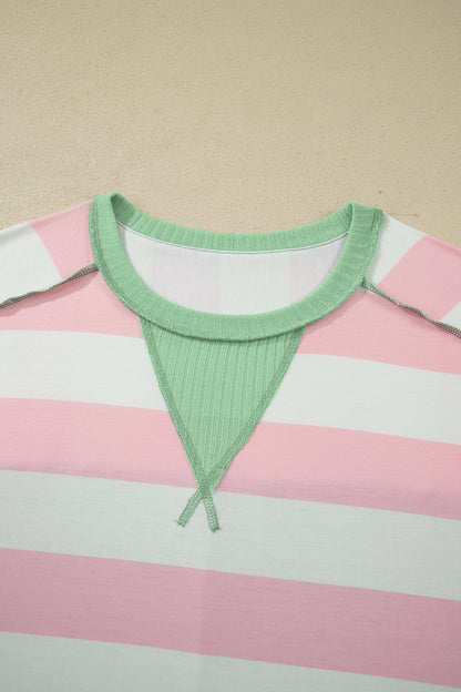 Pink Stripe Exposed Seam Ribbed Patchwork Oversized Tee