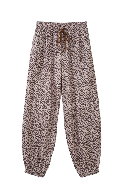 Khaki Leopard Print Elastic Waist Ankle Length Pants
