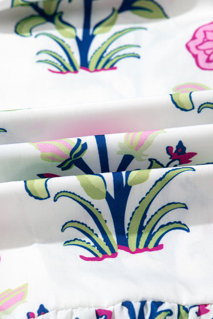 White Floral Puff Short Sleeve V Neck High Waist Maxi Dress