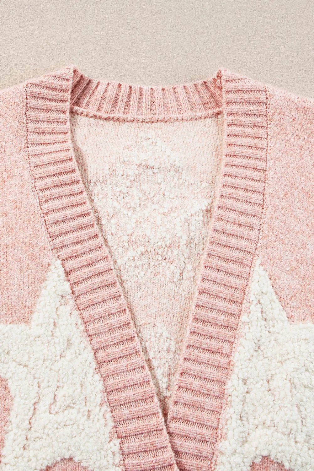 Pink Sherpa Star Pattern Textured Sweater Cardigan with Pockets - Chic Meadow Boutique 