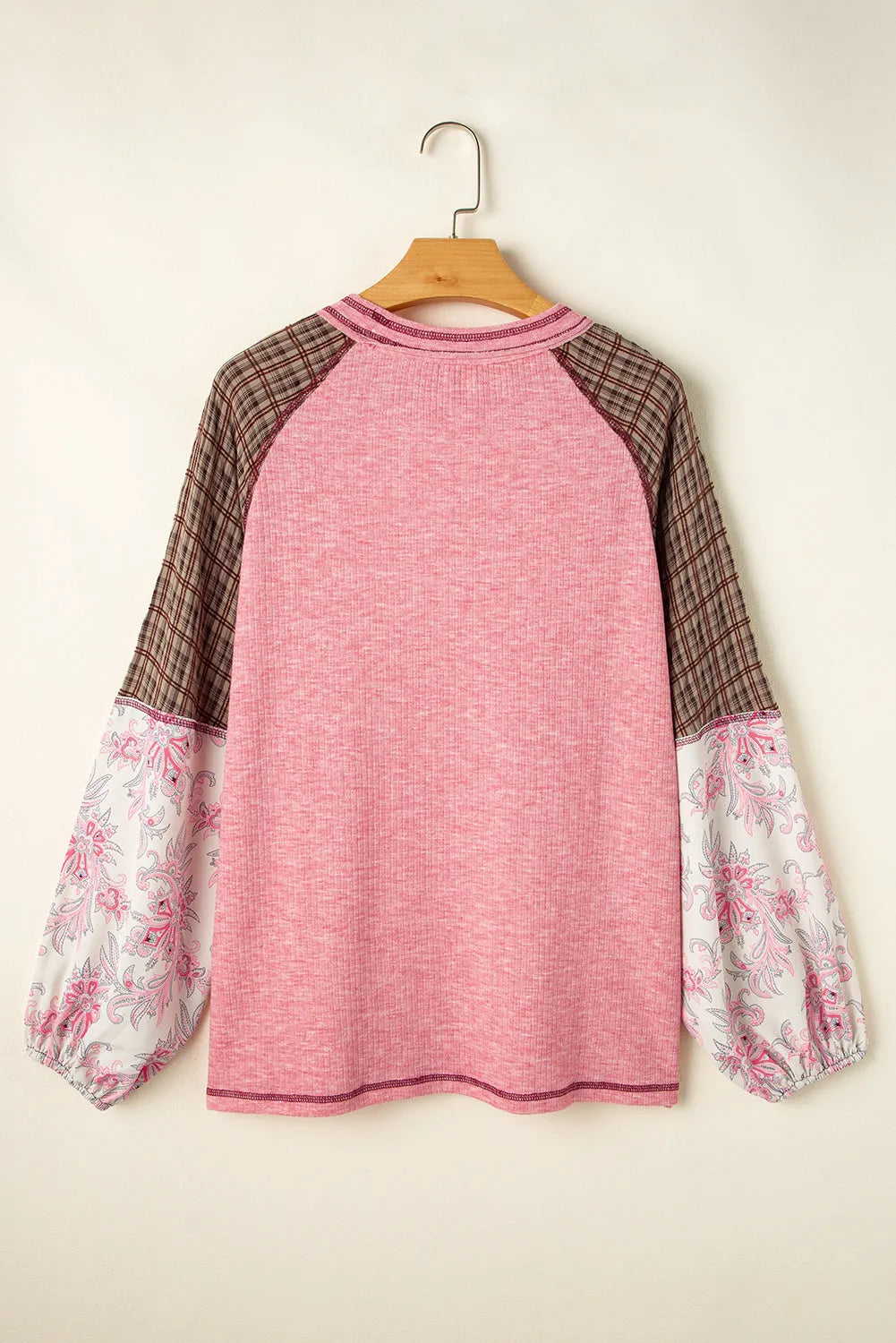 Fushia Mixed Print Patchwork Raglan Ribbed Knit Top - Chic Meadow Boutique 