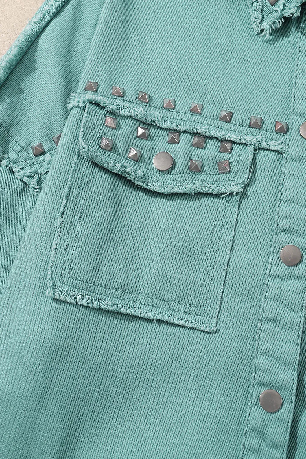 Outerwear/Denim jackets Mist Green Frayed Trim Riveted Denim Jacket