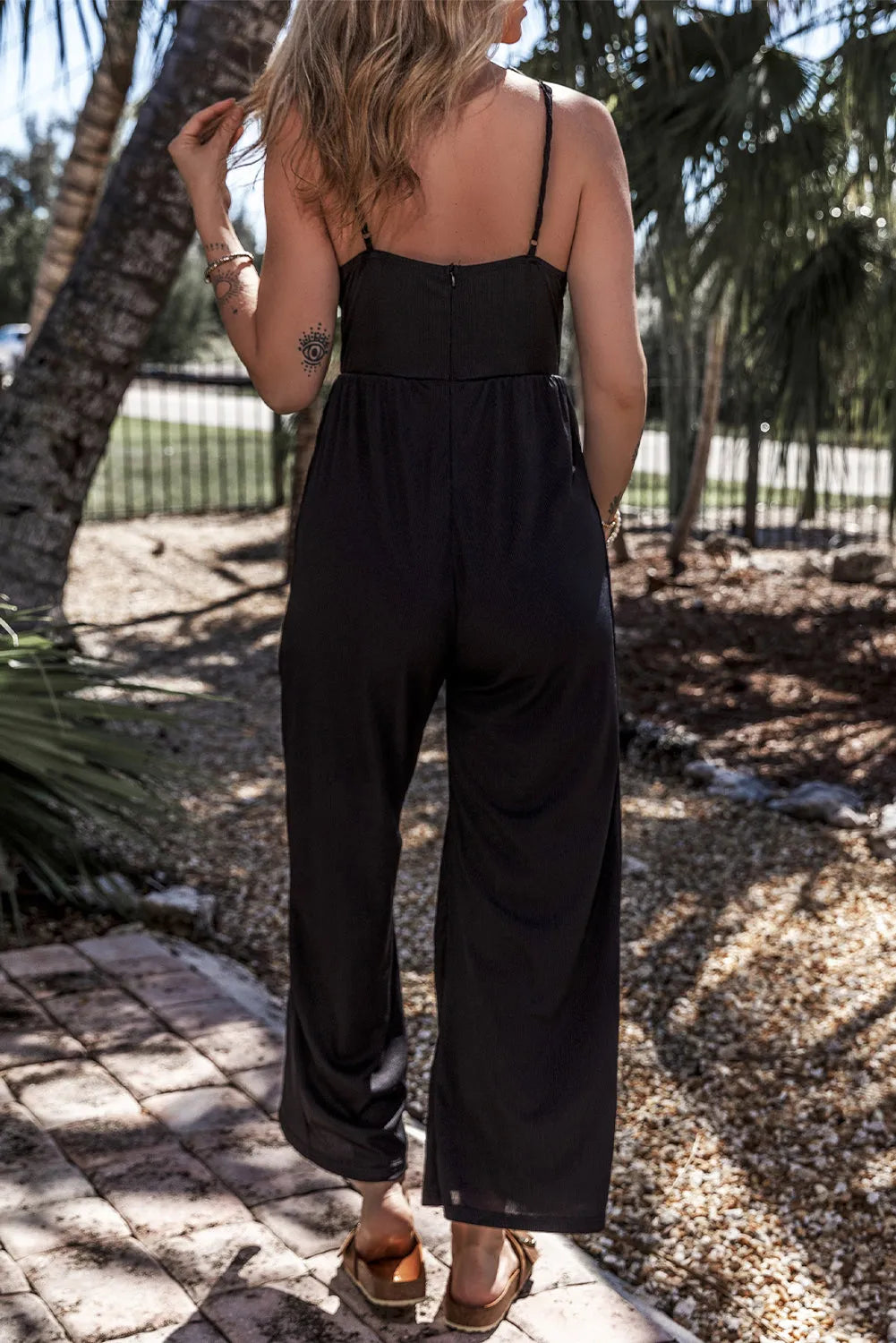 Black Wide Leg High Waist Sexy V Neck Cami Jumpsuit - Chic Meadow Boutique 