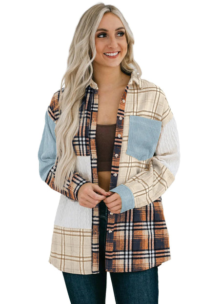 Blue Plaid Color Block Patchwork Shirt Jacket with Pocket - Chic Meadow Boutique 