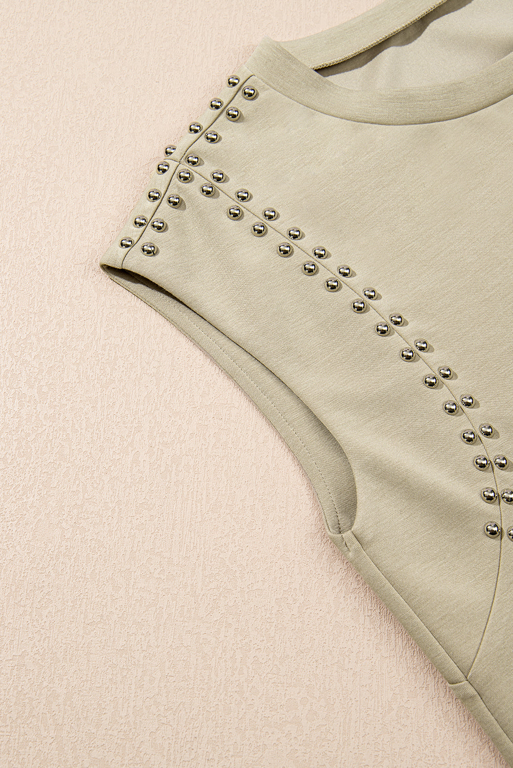 Sage Green Studded Cap Sleeve Round Neck T Shirt