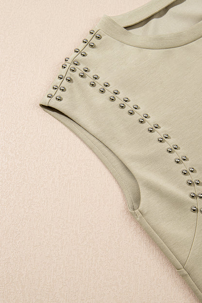 Sage Green Studded Cap Sleeve Round Neck T Shirt