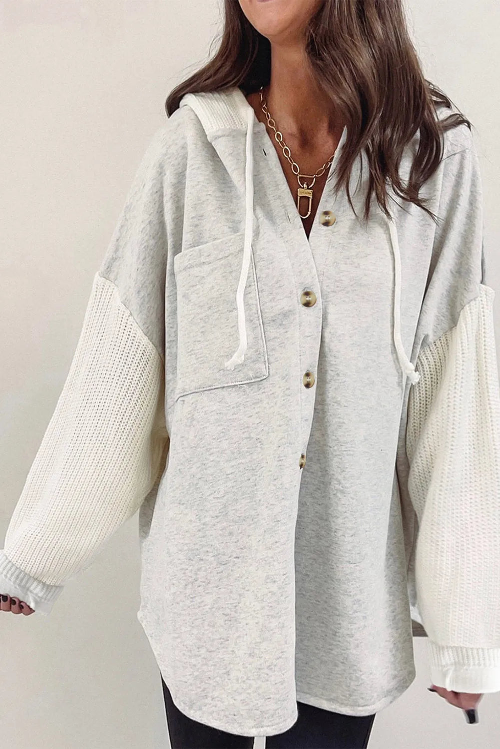 Gray Button Up Contrast Knitted Sleeves Hooded Jacket - Chic Meadow Boutique 