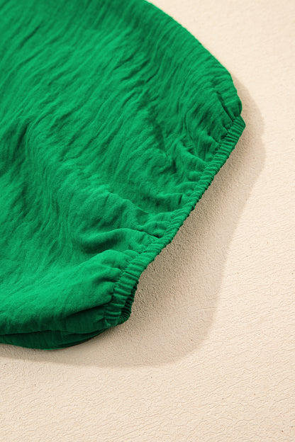 Dark Green Solid Color Ruched Crossed Waist Tied Back Short Sleeve Peplum Top