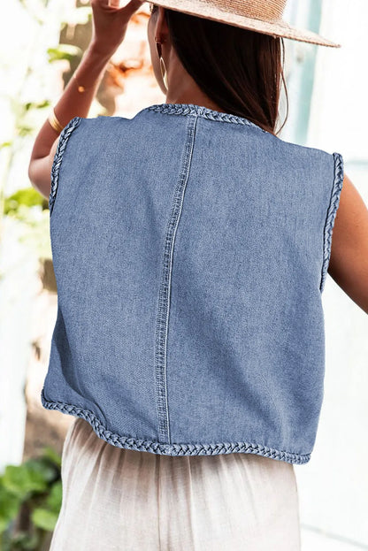 Ashleigh Blue Braided Trim Pocketed Denim Vest - Chic Meadow Boutique 