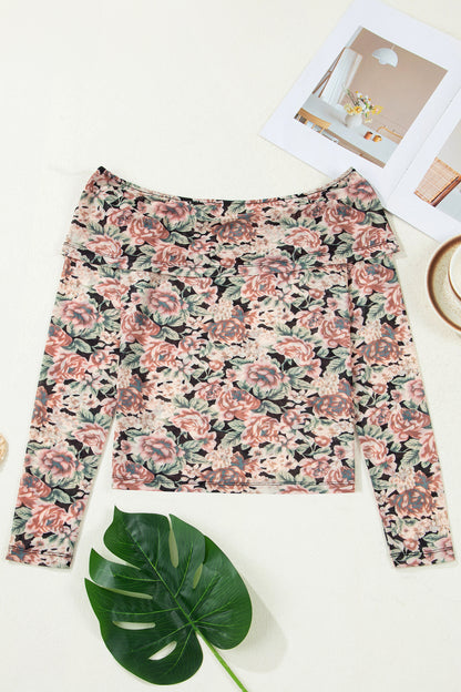 Black Floral Print Mesh Long Sleeve Foldover Off Shoulder Top
