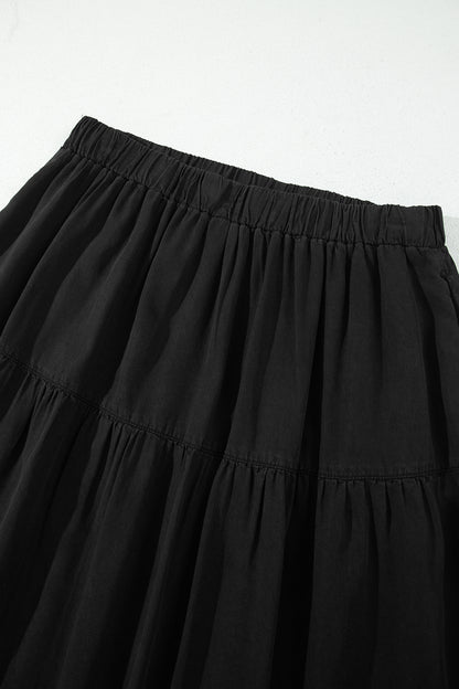 Black Elastic Waist Ruffled Tiered Flared Denim Maxi Skirt