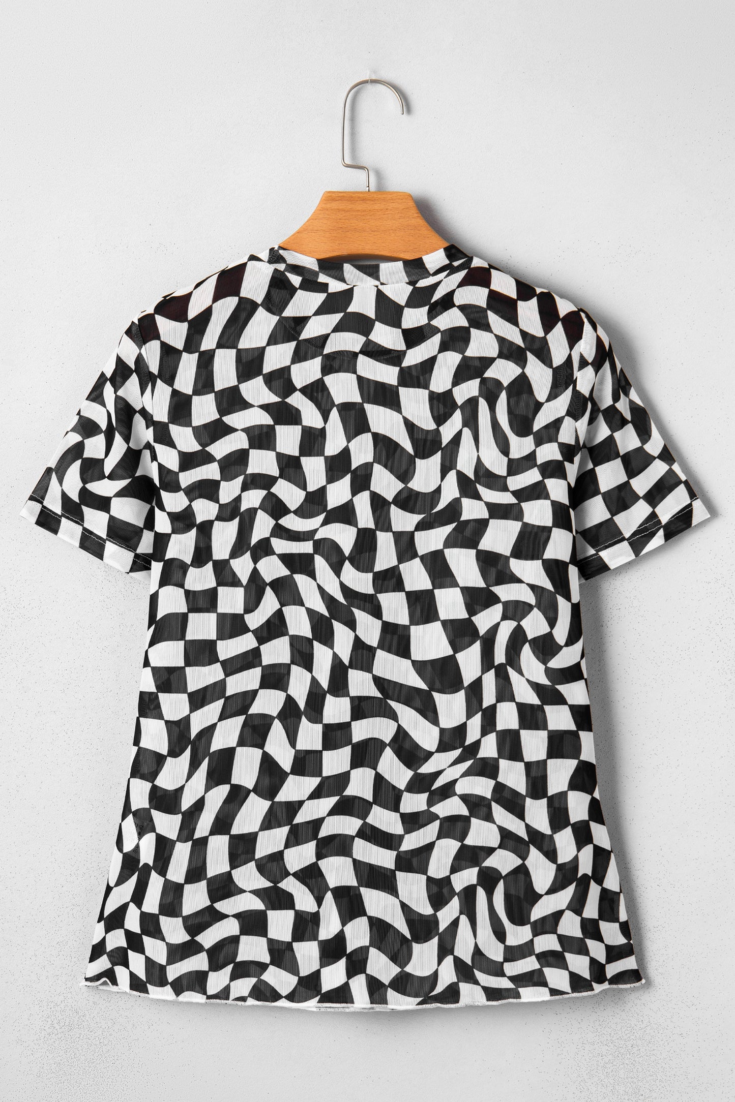 Black Checkered Print Mock Neck Mesh T Shirt