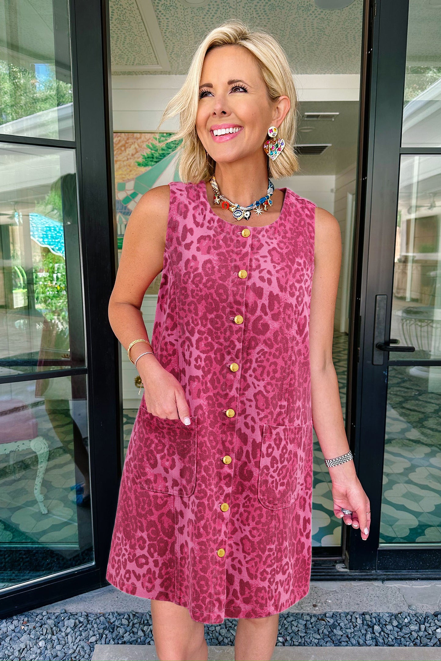 Pink Leopard Denim Buttoned Shift Sleeveless Dress
