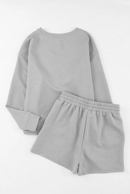 Two Piece Sets/Short Sets Gray Textured Long Sleeve Top and Drawstring Shorts Set