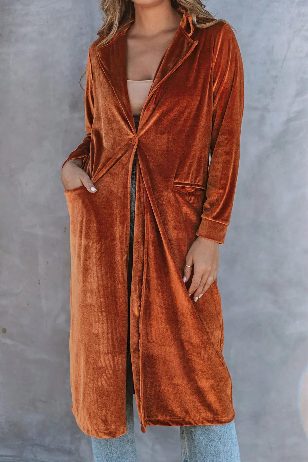 Brown Retro Velvet Long Sleeve Pocket Coat - Chic Meadow Boutique 