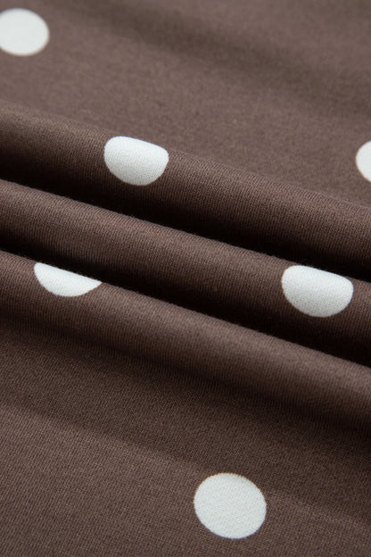 Brown Polka Dot Ribbed Trim Long Sleeve Top Casual Short Set