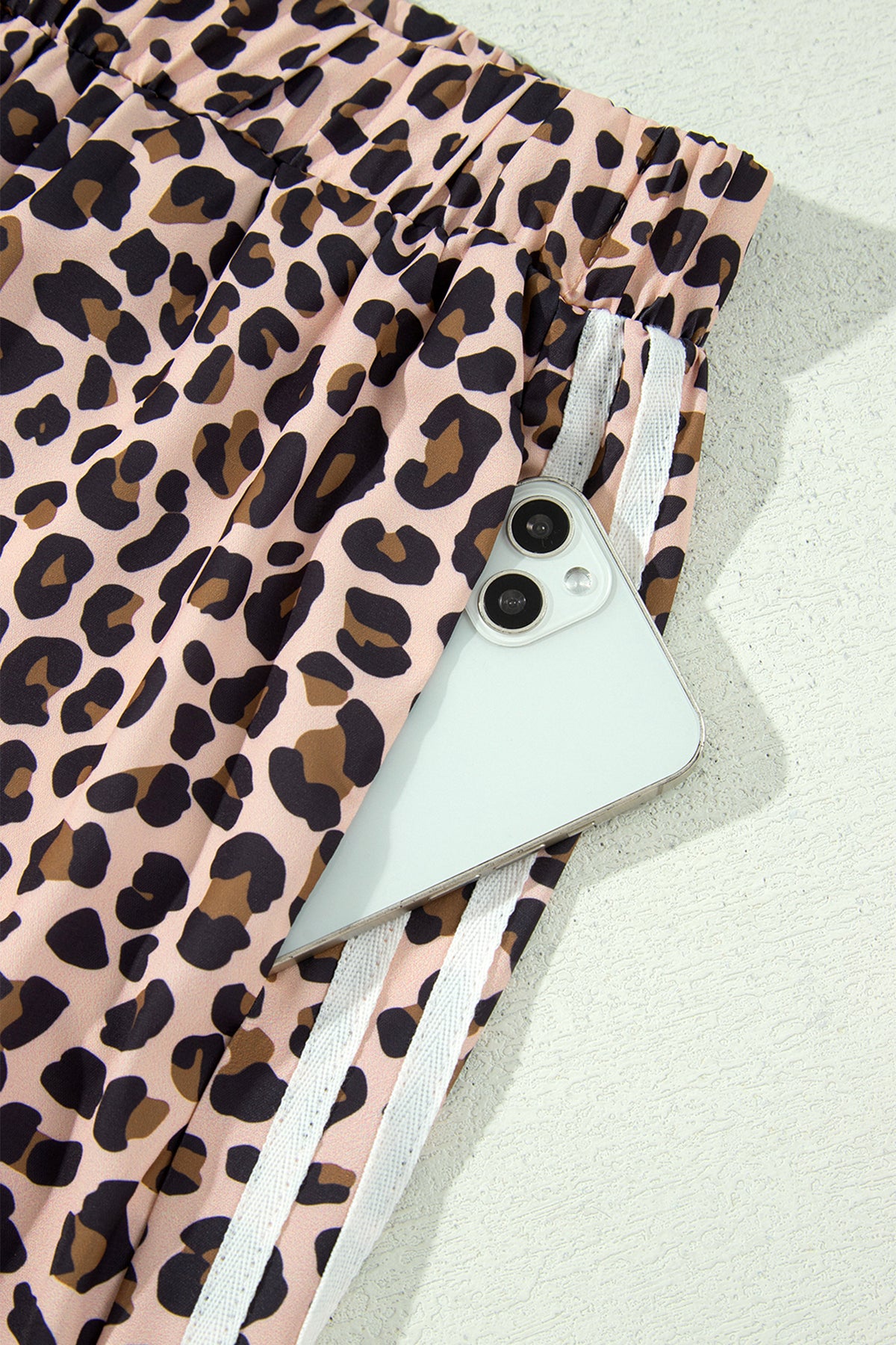 Beige Leopard Print Side Striped Detail Casual Wide Leg Pants