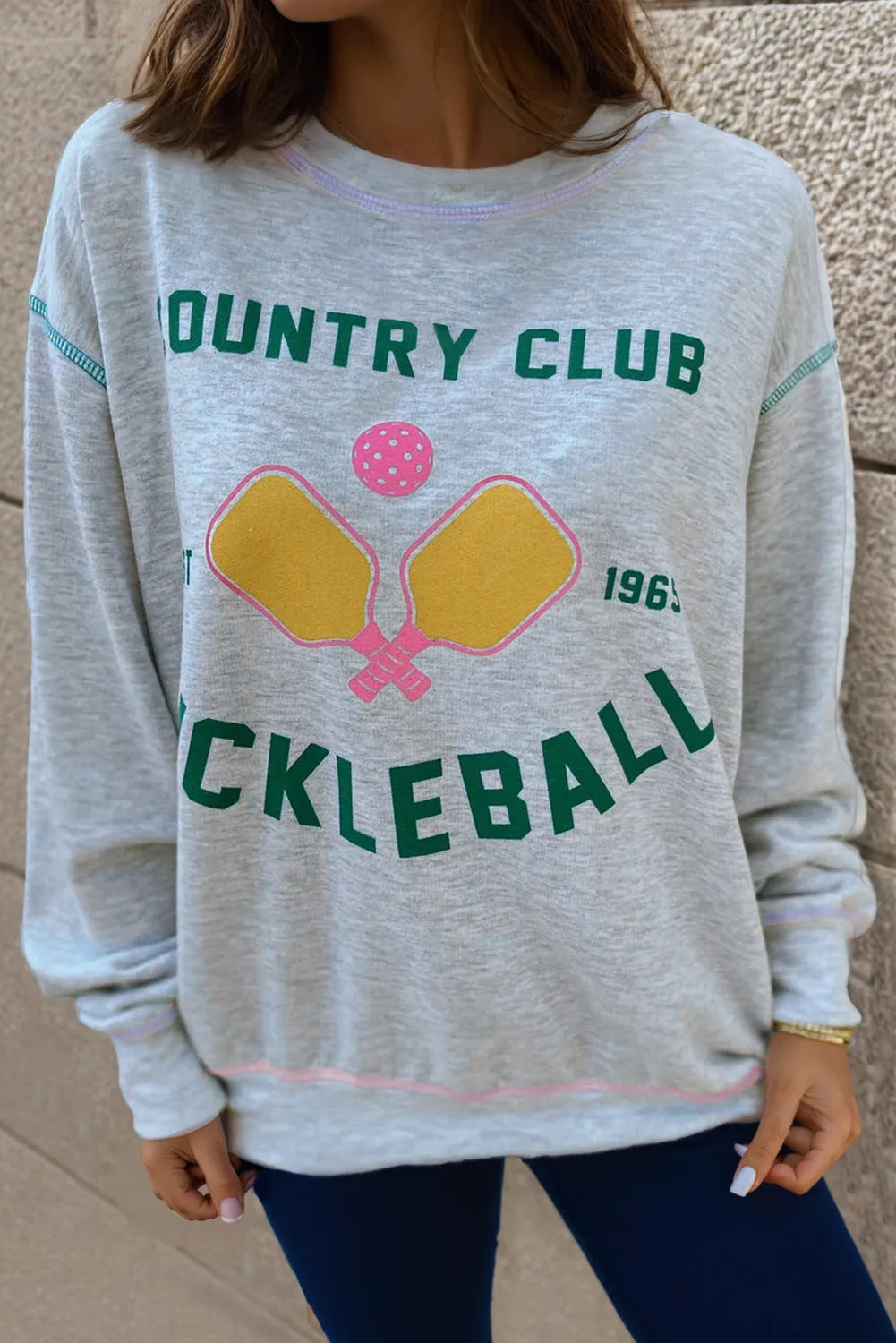 Light Grey COUNTRY CLUB PICKLEBALL Graphic Exposed Stitching Casual Sweatshirt - Chic Meadow Boutique 