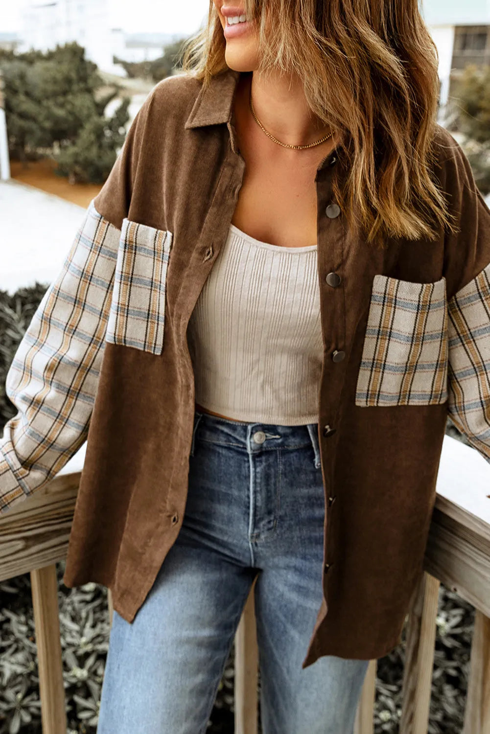 Brown Plaid Patchwork Corduroy Shirt Jacket with Pocket - Chic Meadow Boutique 