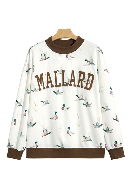 Beige Western Mallard Letter Print Baggy Pullover Sweatshirt