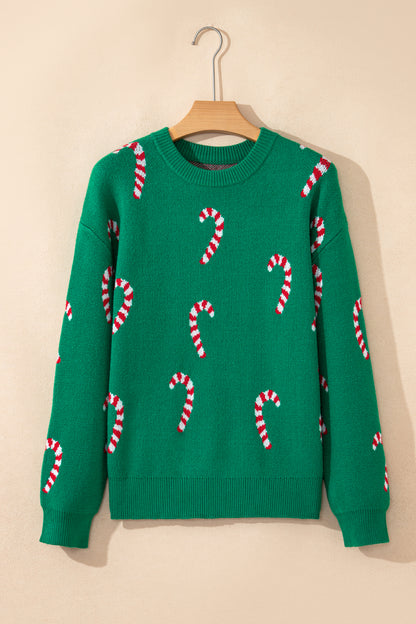 Dark Green Christmas Candy Cane Holiday Drop Shoulder Sweater