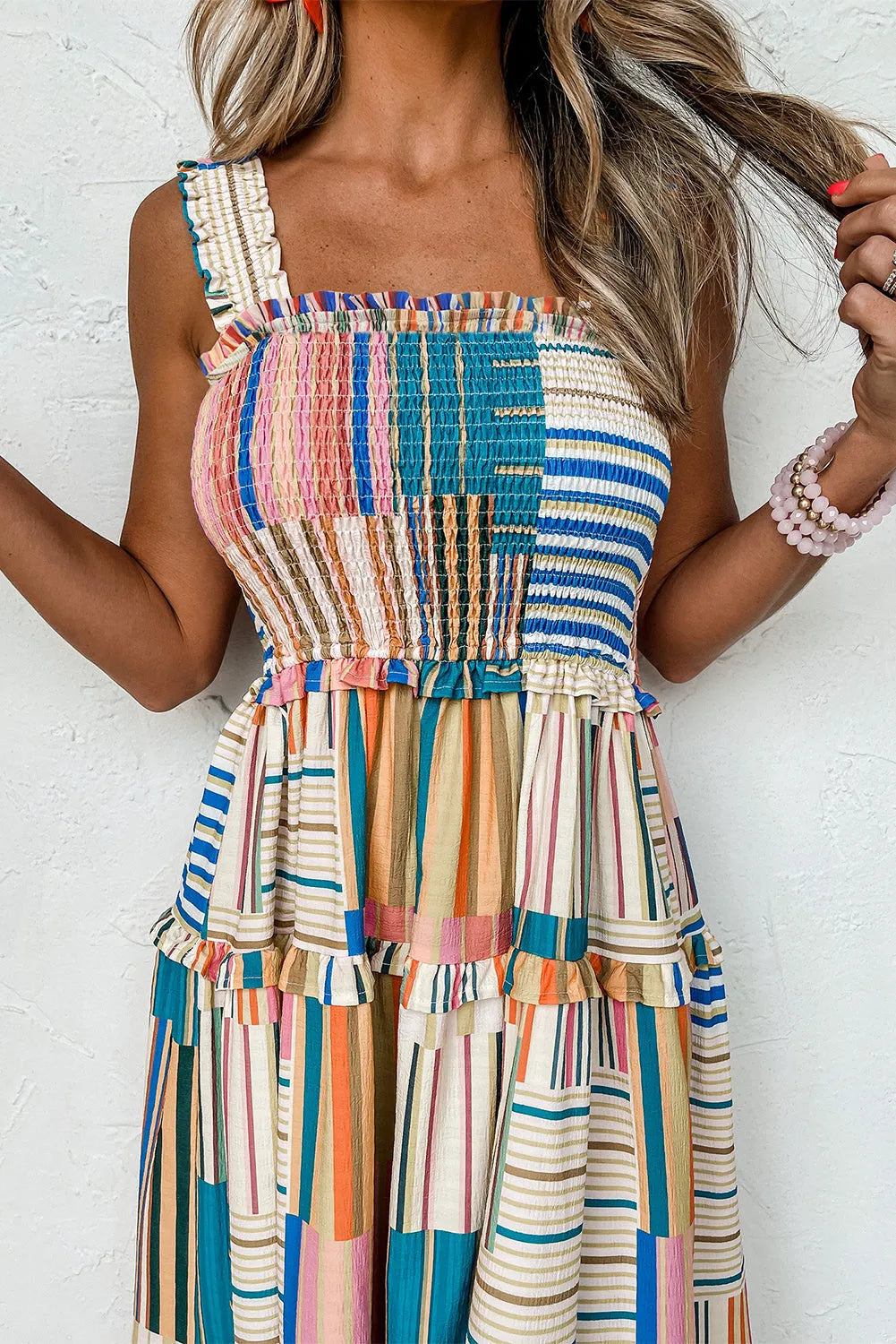 Khaki Mix Striped Wide Straps Smocked Tiered Maxi Dress - Chic Meadow Boutique 