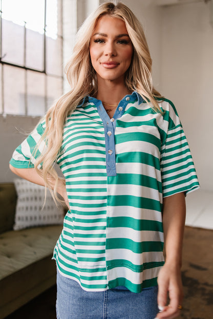 Green Stripe Colorblock Collar Half Buttons T Shirt