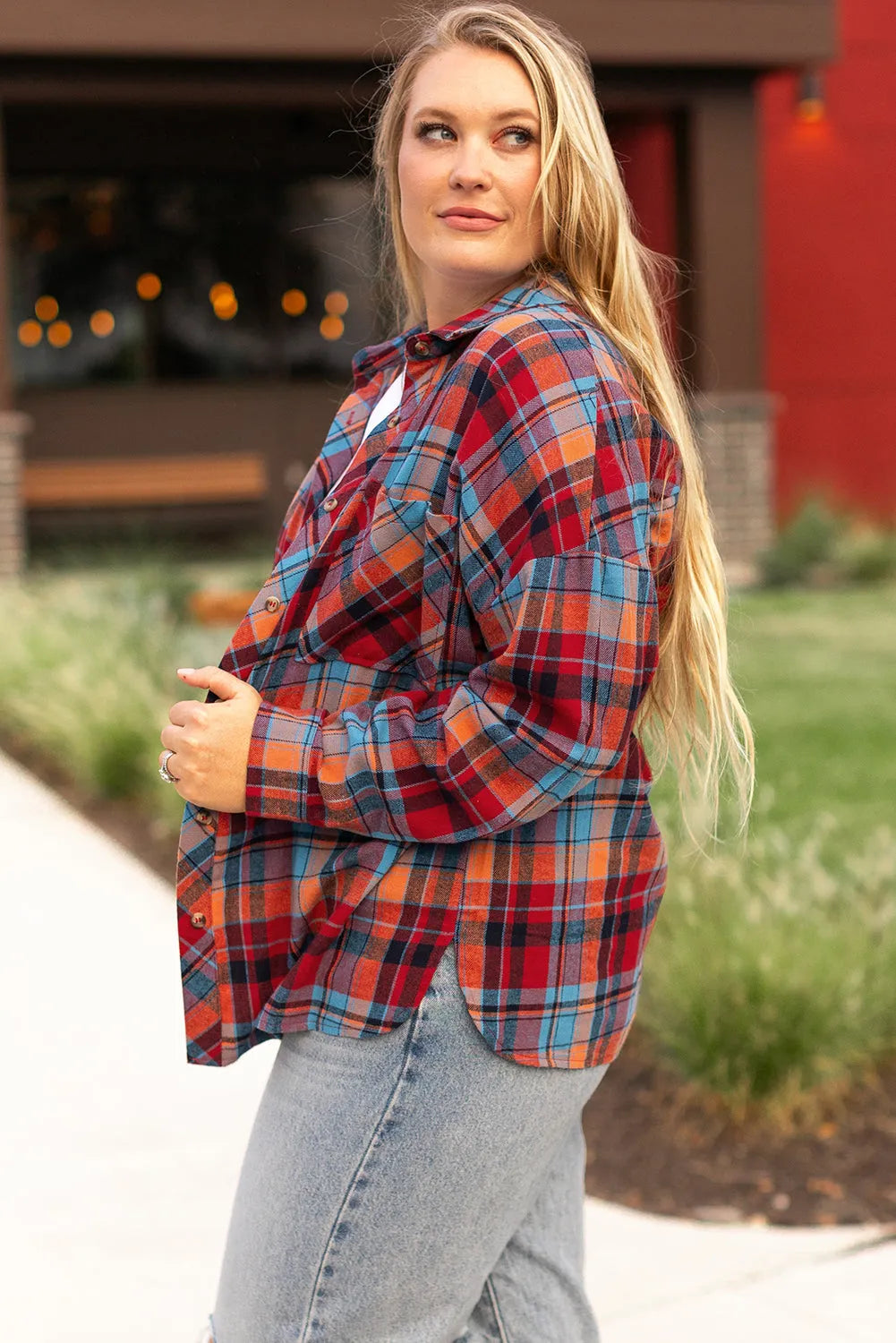 Red Plus Size Plaid Print Buttoned Shirt - Chic Meadow Boutique 