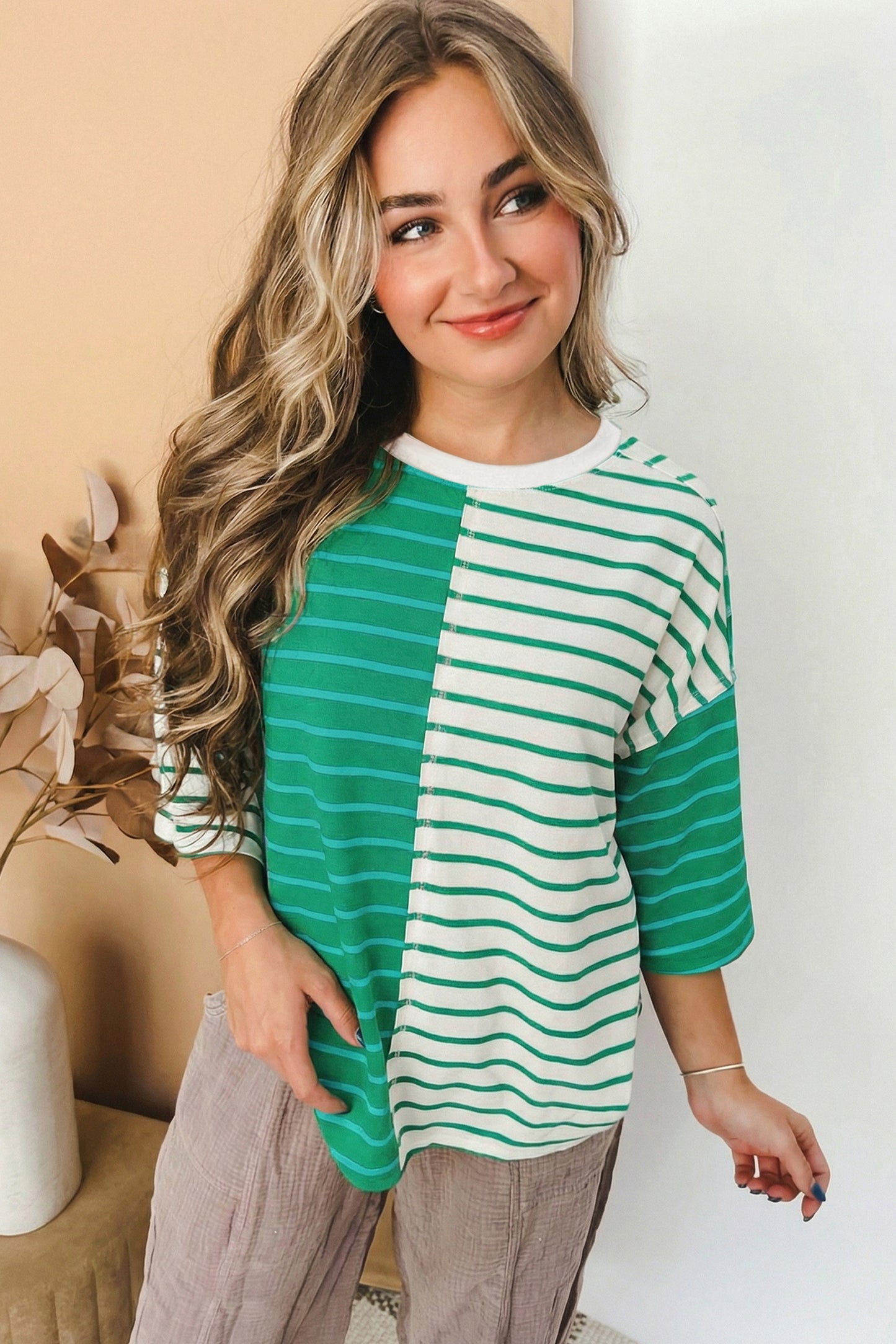 Green Stripe Colorblock 3/4 Sleeve Loose T Shirt