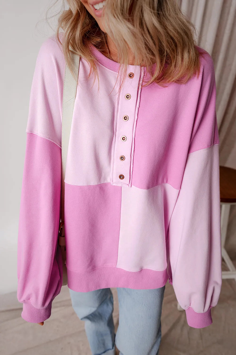 Pink Colorblock Henley High Low Oversize Sweatshirt - Chic Meadow Boutique 